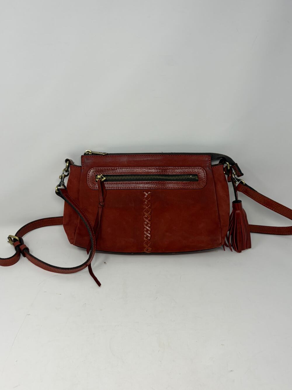 Patricia Nash crossbody purse bag red leather whipstitch tassel nubuck western